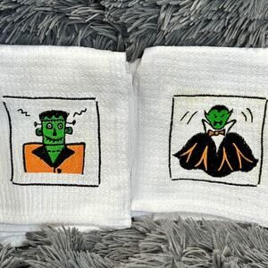 Embroidered Vintage Halloween Towels Monsters NOS
